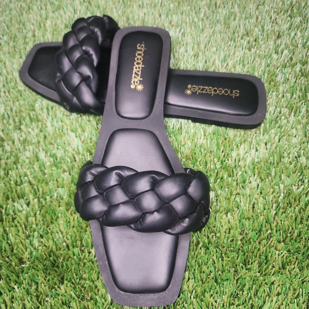 SHOE DAZZLE | Luxury Brand Inspired Black Faux Leather Flats Sandals - Picture 3 of 4